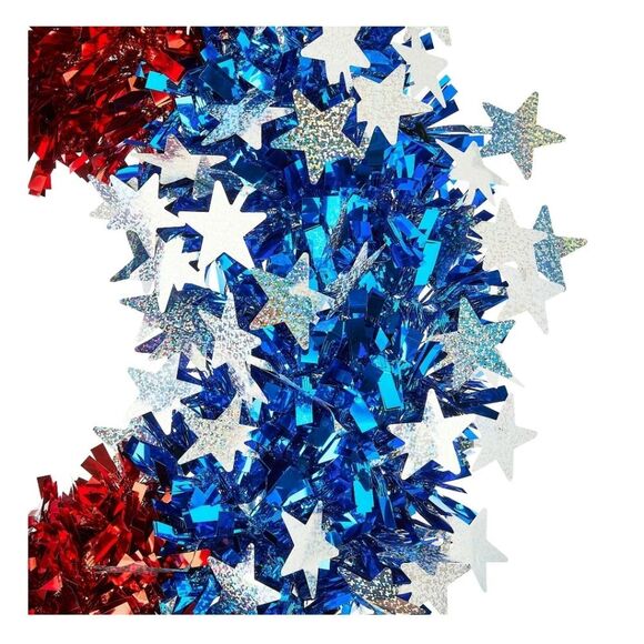 4th of July, Patriotic Stars and Stripes Tinsel Wreath, Red/White/Blue, 16", New - Picture 6 of 7